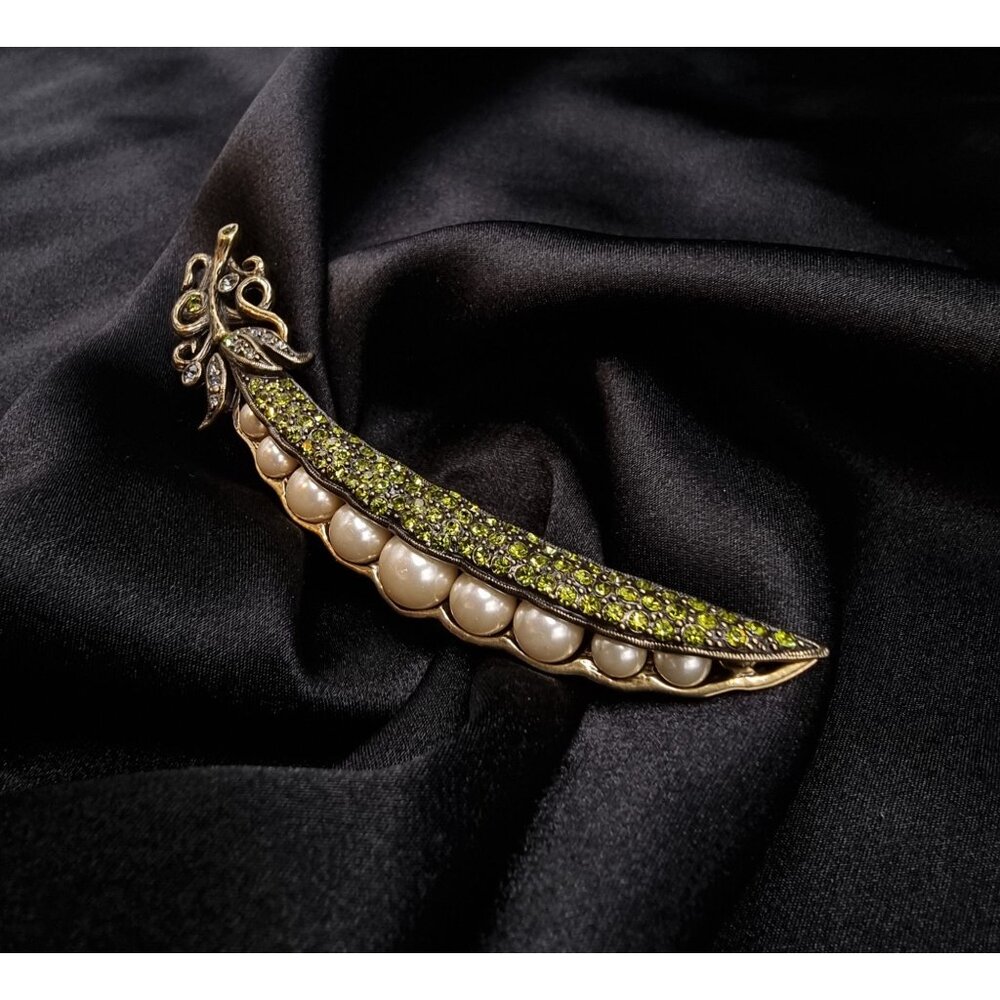 Heidi Daus Large Brooch W/ Faux Pearls & Green Crystal Accents